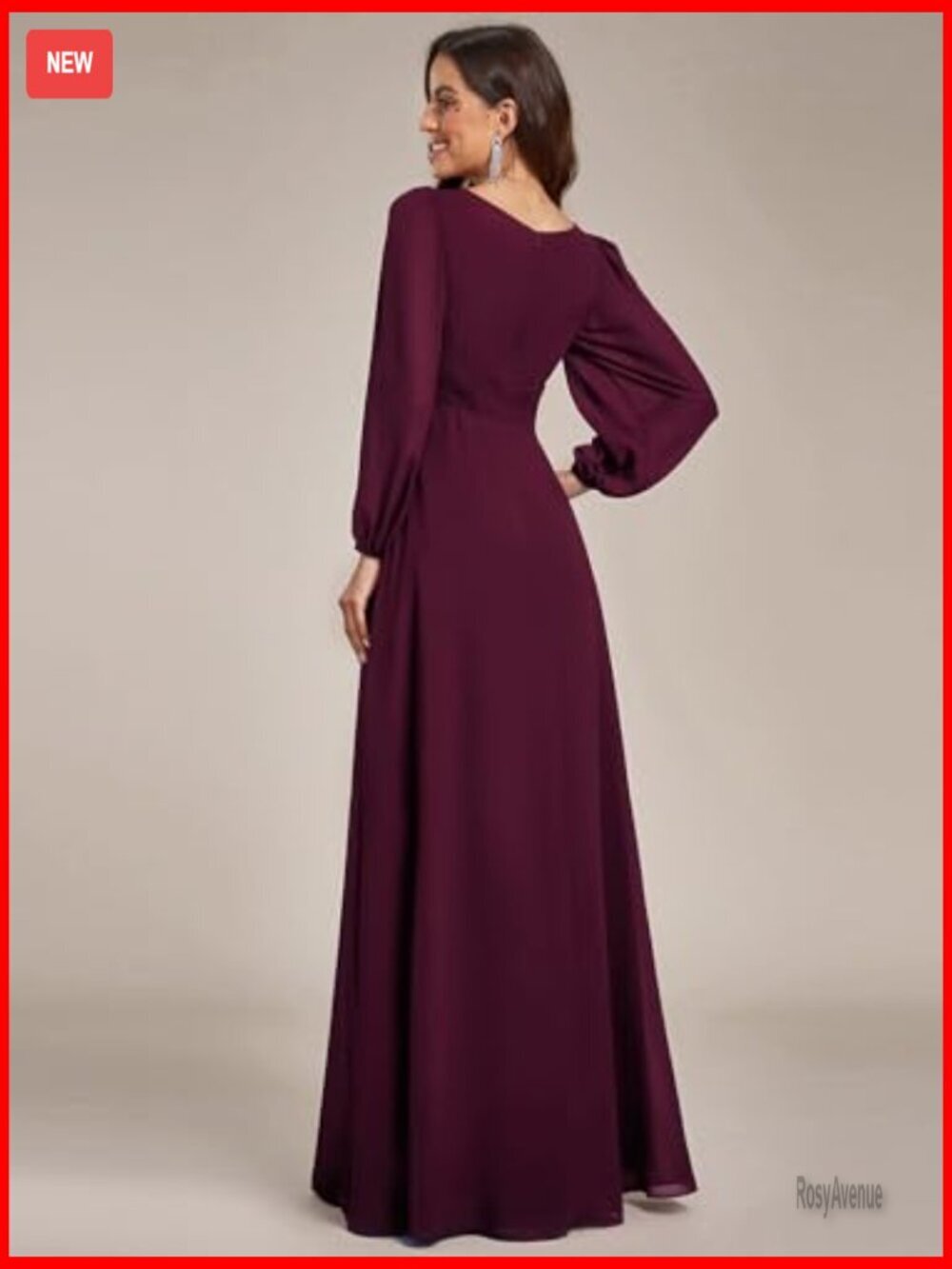 Floor Length Formal Dress Long Sleeve Chiffon A-Line Pleated Evening Gown - Picture 2 of 7
